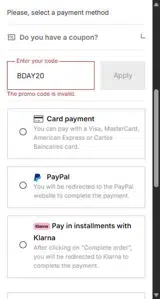 BDAY20 coupon verification screenshot