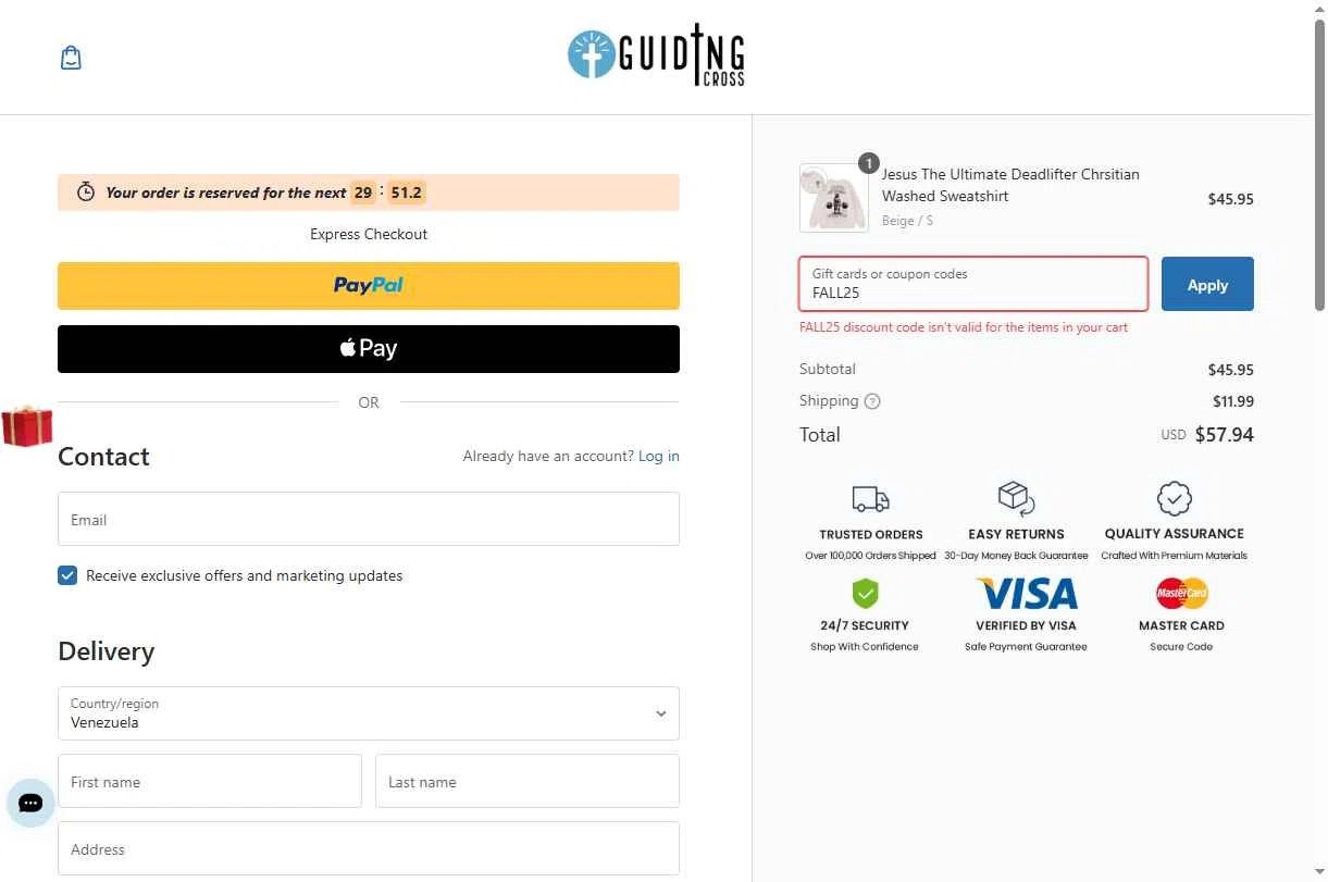 GuidingCross checkout page showing GuidingCross promo code box | Screenshot taken by SimplyCodes community member on Dec 27, 2025
