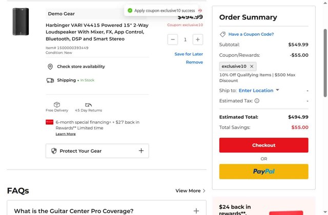 Guitar Center checkout page showing Guitar Center coupon code box | Screenshot taken by SimplyCodes community member on Aug 21, 2025