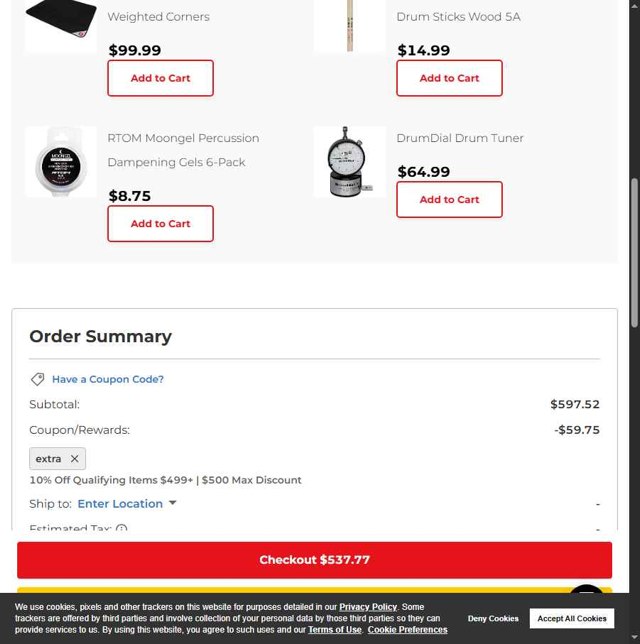 Guitar Center checkout page showing Guitar Center coupon code box | Screenshot taken by SimplyCodes community member on Jul 5, 2025