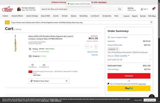 Guitar Center checkout page showing Guitar Center coupon code box | Screenshot taken by SimplyCodes community member on Aug 16, 2025