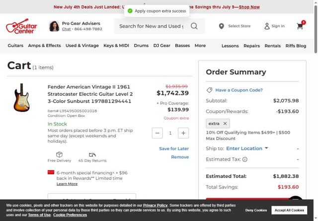 Guitar Center checkout page showing Guitar Center coupon code box | Screenshot taken by SimplyCodes community member on Jul 5, 2025