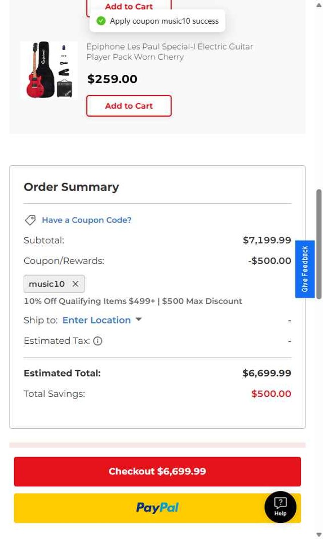 Guitar Center checkout page showing Guitar Center coupon code box | Screenshot taken by SimplyCodes community member on Aug 13, 2025
