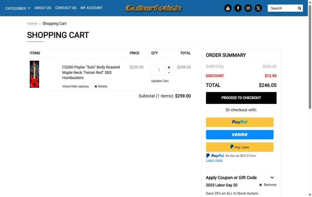 Guitarfetish checkout page showing Guitarfetish promo code box | Screenshot taken by SimplyCodes community member on Aug 26, 2025
