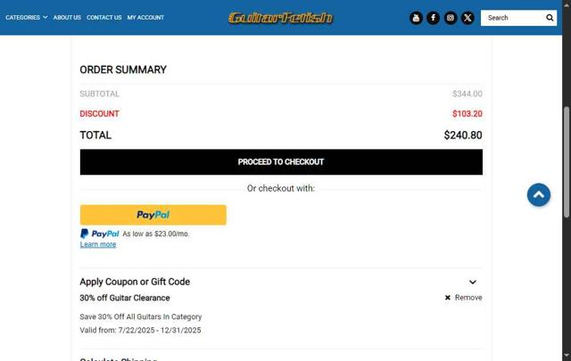 Guitarfetish checkout page showing Guitarfetish promo code box | Screenshot taken by SimplyCodes community member on Sep 3, 2025