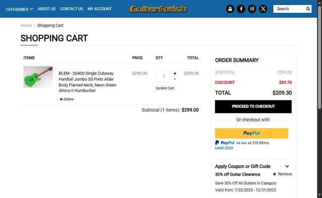Guitarfetish checkout page showing Guitarfetish promo code box | Screenshot taken by SimplyCodes community member on Sep 11, 2025