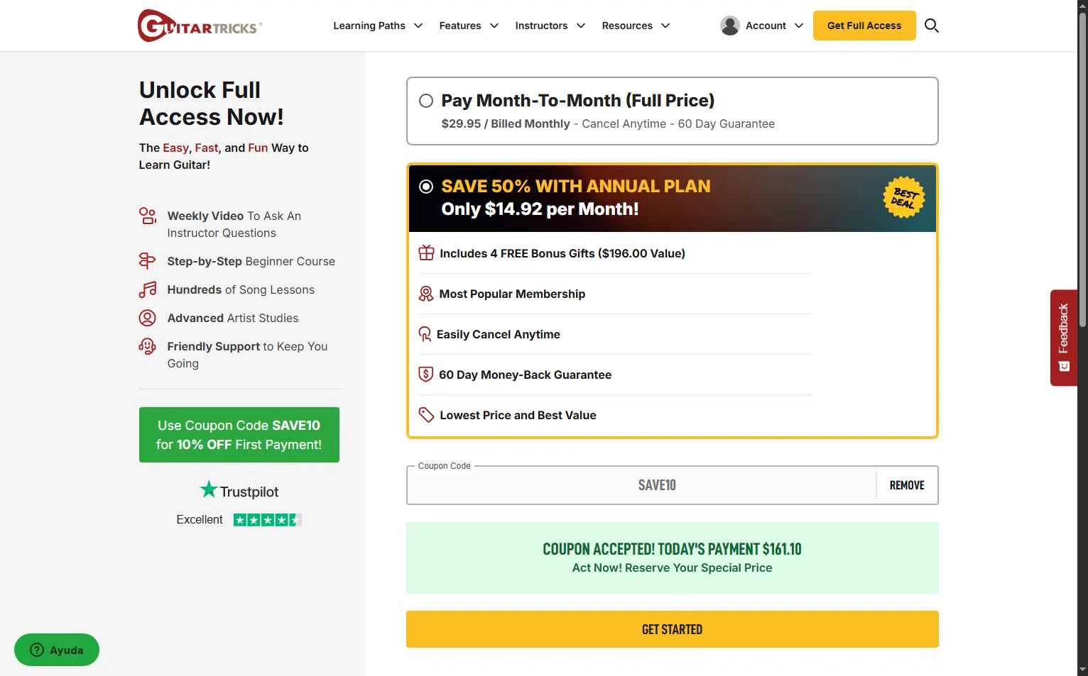 Guitar Tricks checkout page showing Guitar Tricks coupon code box | Screenshot taken by SimplyCodes community member on Dec 10, 2025