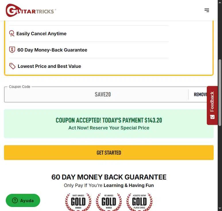 Guitar Tricks checkout page showing Guitar Tricks coupon code box | Screenshot taken by SimplyCodes community member on Feb 9, 2026