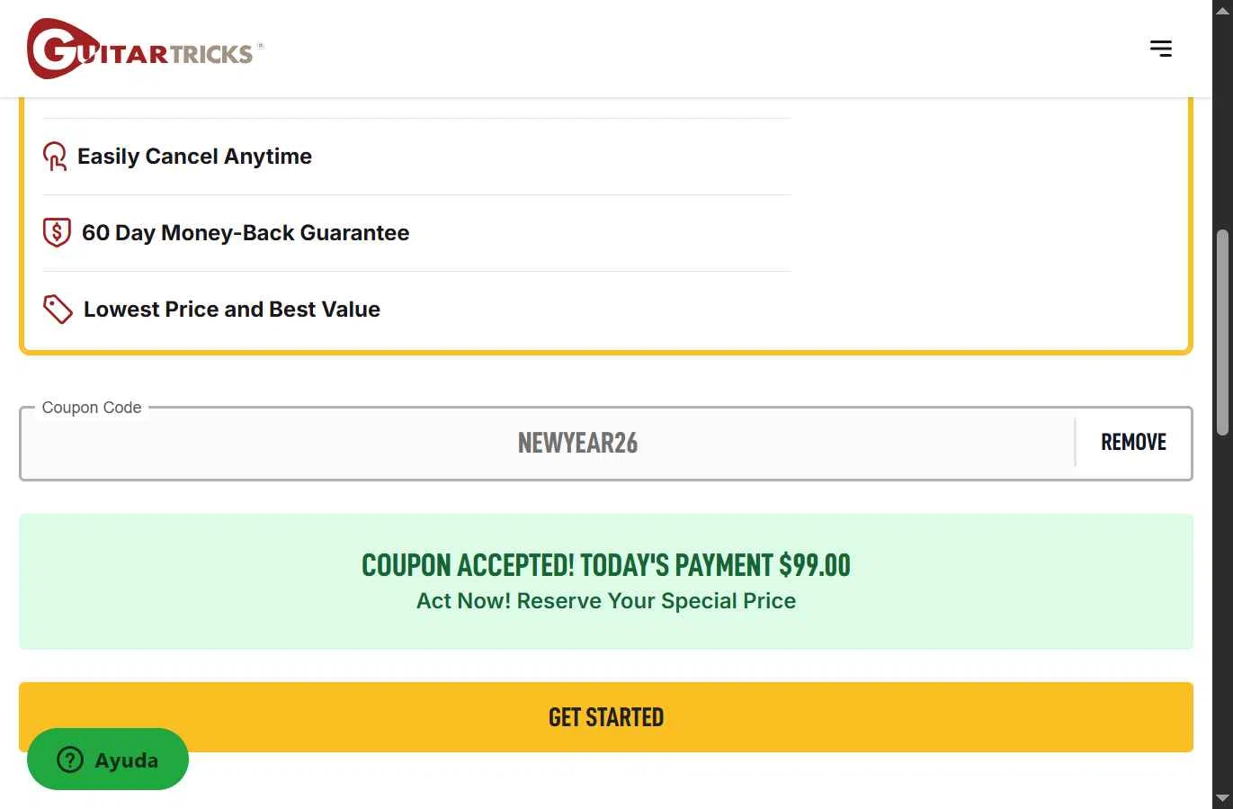 Guitar Tricks checkout page showing Guitar Tricks coupon code box | Screenshot taken by SimplyCodes community member on Jan 2, 2026