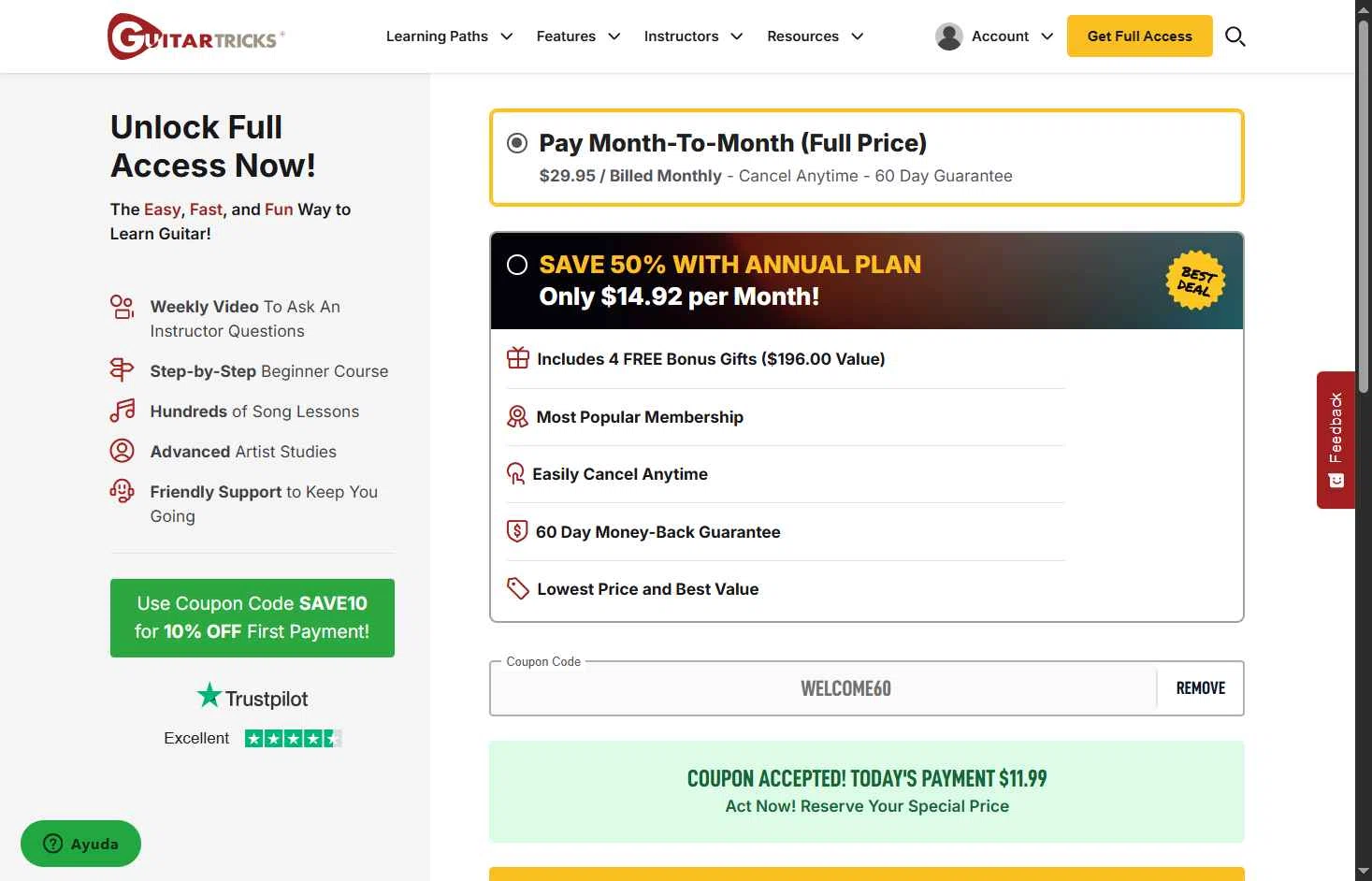 Guitar Tricks checkout page showing Guitar Tricks coupon code box | Screenshot taken by SimplyCodes community member on Jan 21, 2026