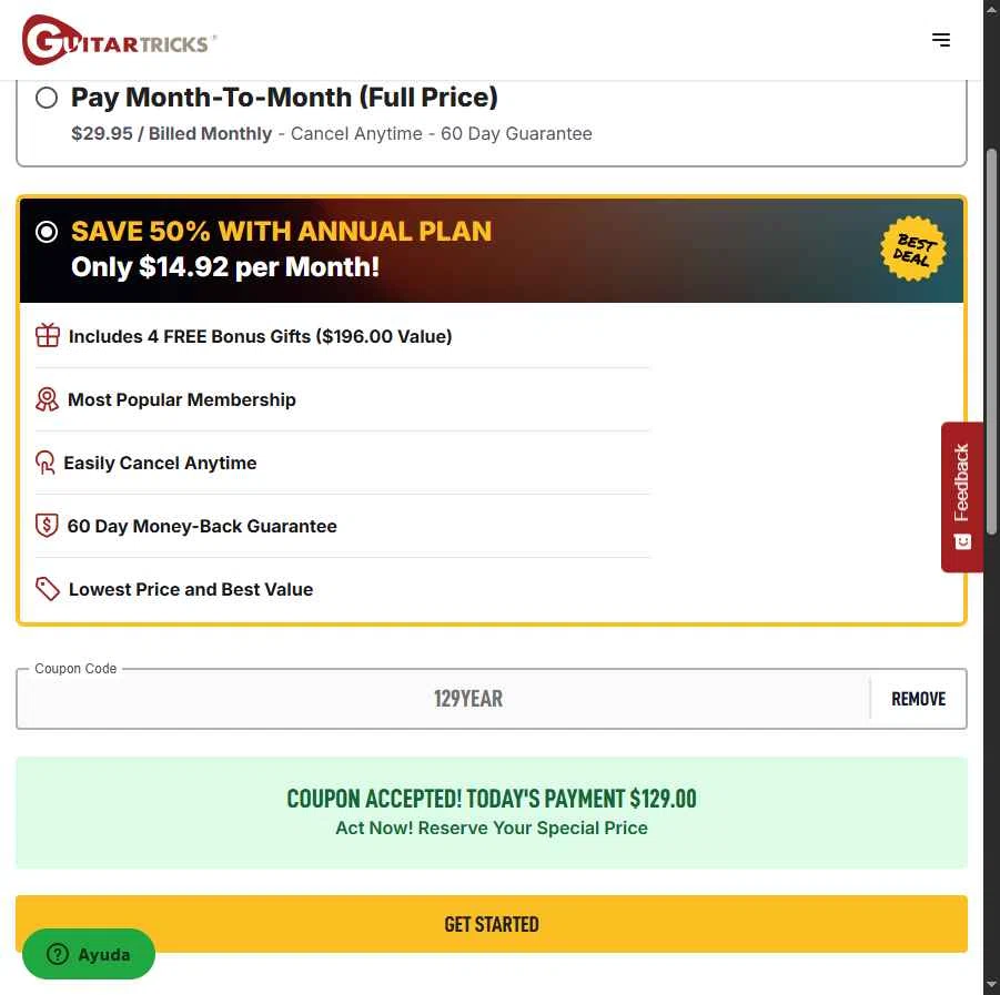 Guitar Tricks checkout page showing Guitar Tricks coupon code box | Screenshot taken by SimplyCodes community member on Jan 21, 2026