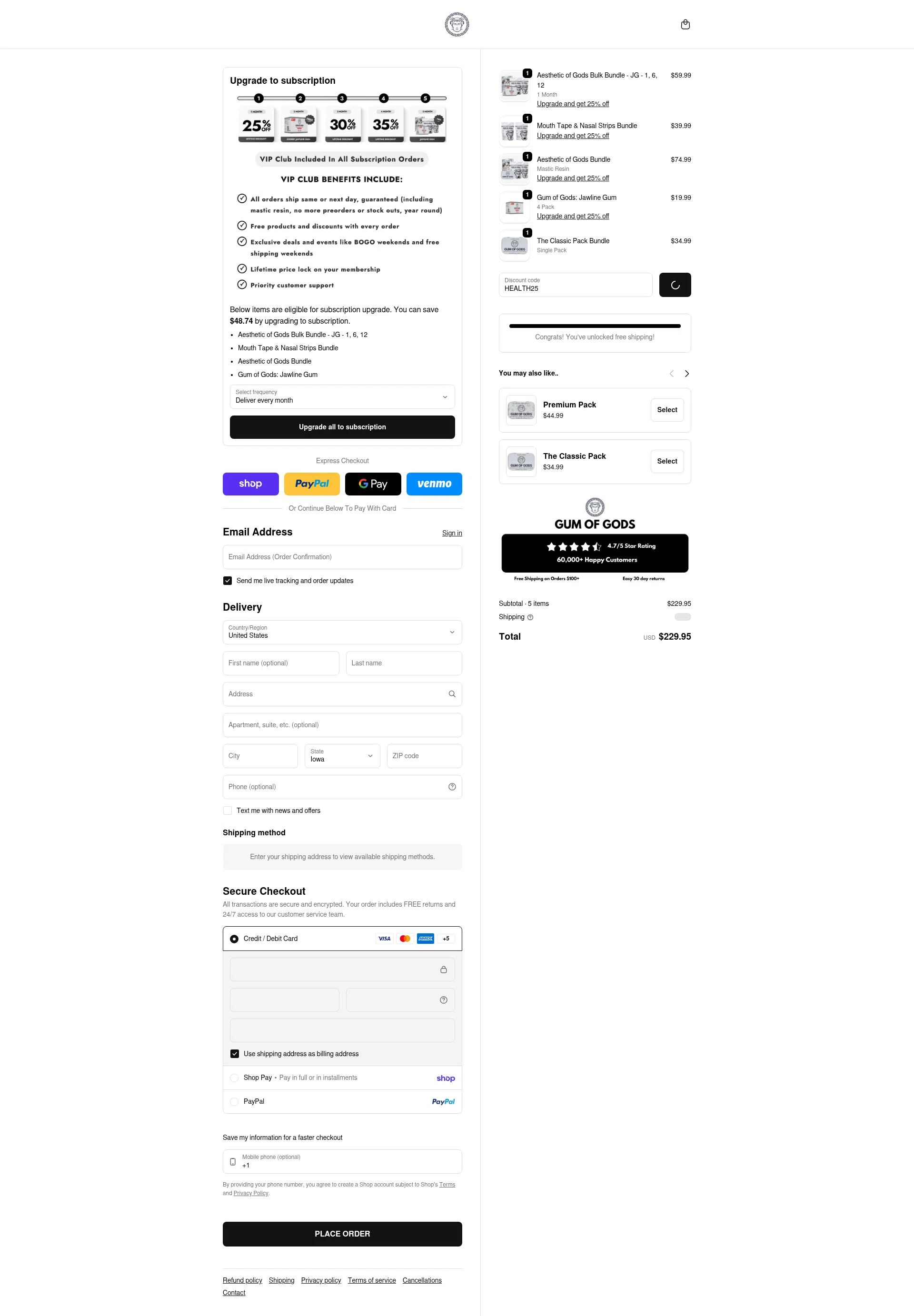 Gum of Gods US checkout page showing Gum of Gods US promo code box | Screenshot taken by SimplyCodes community member on Feb 10, 2026