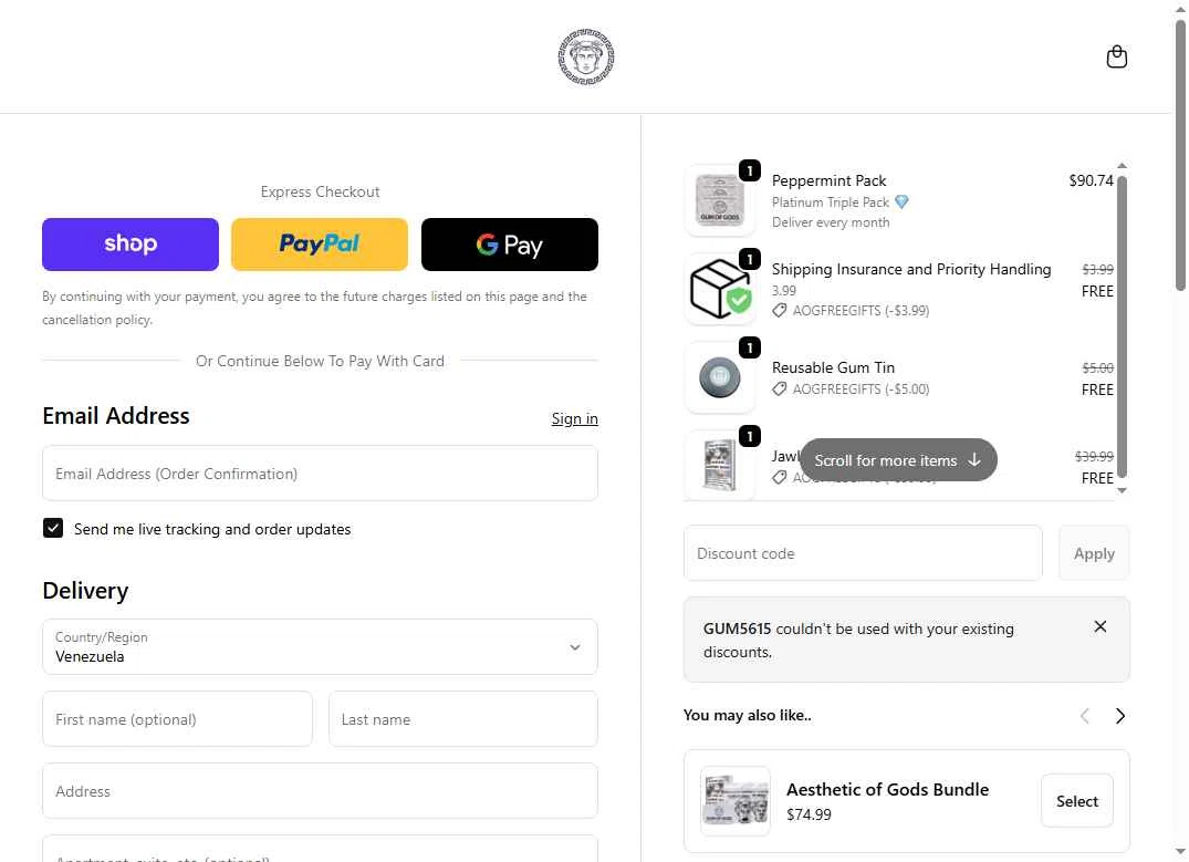 Gum of Gods US checkout page showing Gum of Gods US promo code box | Screenshot taken by SimplyCodes community member on Feb 10, 2026