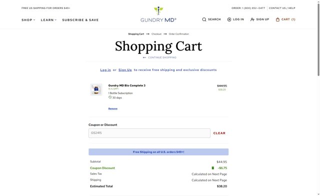 Gundry MD checkout page showing Gundry MD coupon code box | Screenshot taken by SimplyCodes community member on Sep 8, 2025