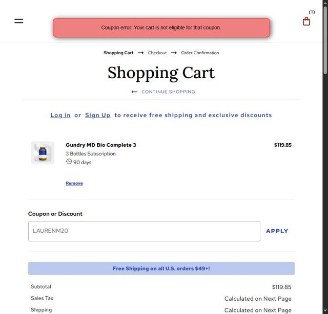 Gundry MD checkout page showing Gundry MD coupon code box | Screenshot taken by SimplyCodes community member on Aug 30, 2025