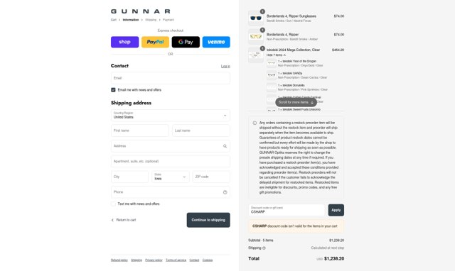Gunnar checkout page showing Gunnar discount code box | Screenshot taken by SimplyCodes community member on Sep 8, 2025