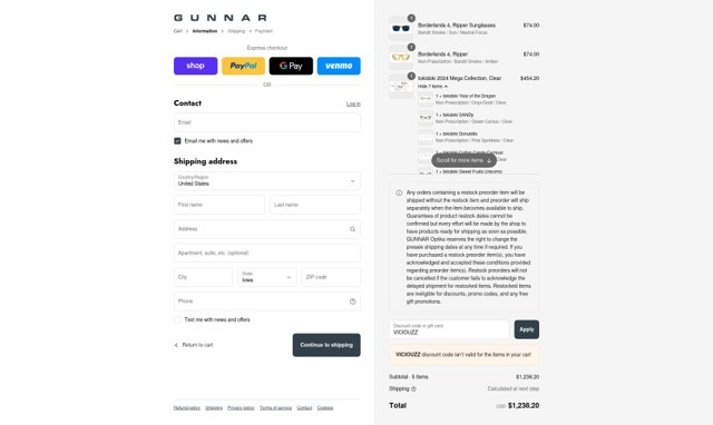 Gunnar checkout page showing Gunnar discount code box | Screenshot taken by SimplyCodes community member on Sep 8, 2025