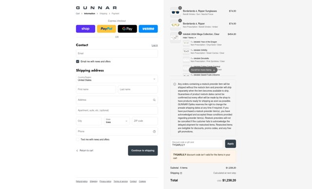 Gunnar checkout page showing Gunnar discount code box | Screenshot taken by SimplyCodes community member on Sep 8, 2025