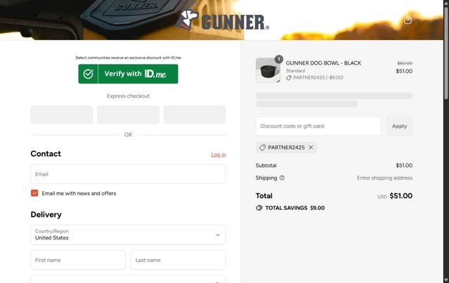 Gunner Kennels checkout page showing Gunner Kennels promo code box | Screenshot taken by SimplyCodes community member on Aug 25, 2025