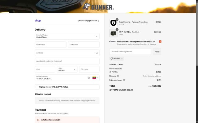 Gunner Kennels checkout page showing Gunner Kennels promo code box | Screenshot taken by SimplyCodes community member on Sep 4, 2025