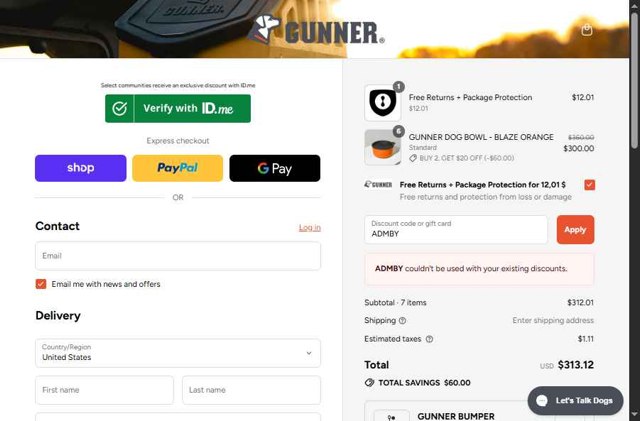 Gunner Kennels checkout page showing Gunner Kennels promo code box | Screenshot taken by SimplyCodes community member on Sep 4, 2025
