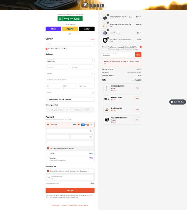 Gunner Kennels checkout page showing Gunner Kennels promo code box | Screenshot taken by SimplyCodes community member on Aug 28, 2025