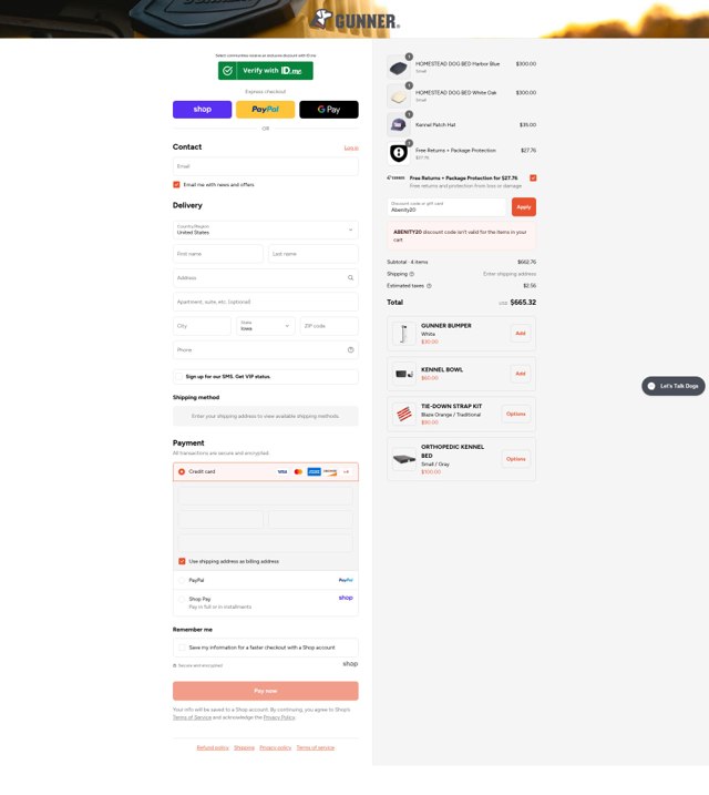 Gunner Kennels checkout page showing Gunner Kennels promo code box | Screenshot taken by SimplyCodes community member on Sep 2, 2025