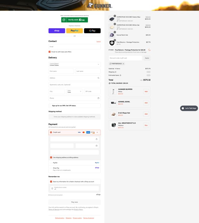 Gunner Kennels checkout page showing Gunner Kennels promo code box | Screenshot taken by SimplyCodes community member on Aug 28, 2025
