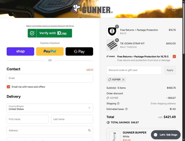 Gunner Kennels checkout page showing Gunner Kennels promo code box | Screenshot taken by SimplyCodes community member on Sep 4, 2025
