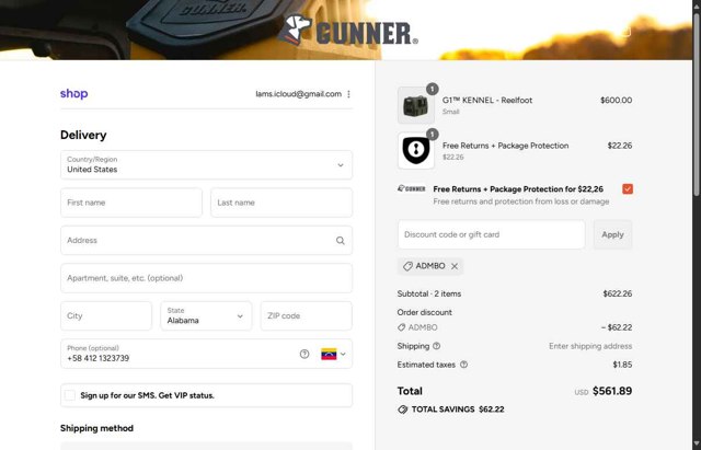 Gunner Kennels checkout page showing Gunner Kennels promo code box | Screenshot taken by SimplyCodes community member on Sep 4, 2025