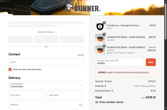 Gunner Kennels checkout page showing Gunner Kennels promo code box | Screenshot taken by SimplyCodes community member on Sep 4, 2025