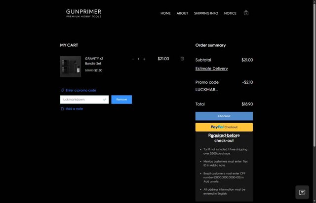 GUNPRIMER checkout page showing GUNPRIMER promo code box | Screenshot taken by SimplyCodes community member on Sep 7, 2025