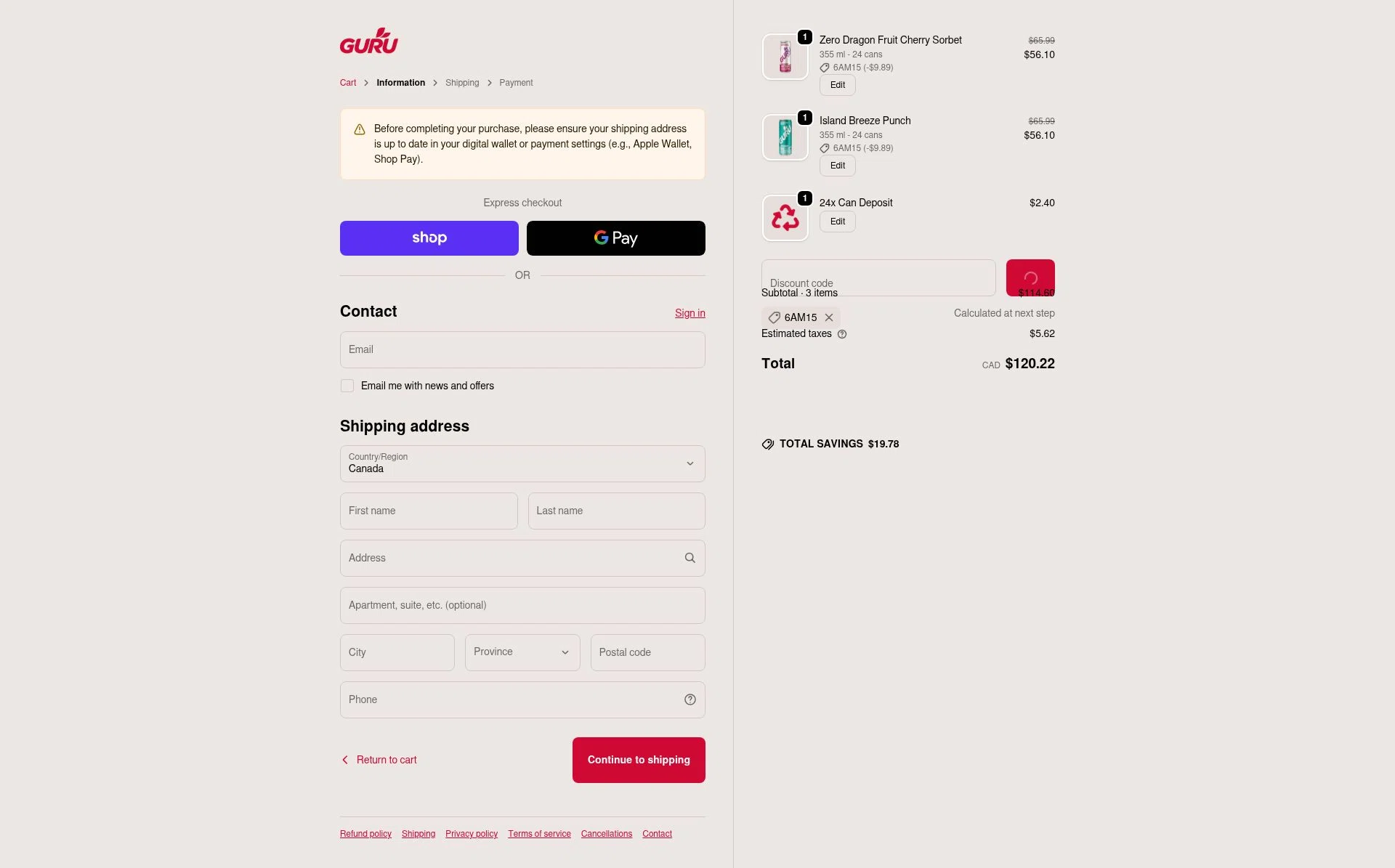 GURU Organic Energy checkout page showing GURU Organic Energy promo code box | Screenshot taken by SimplyCodes community member on Jan 8, 2026