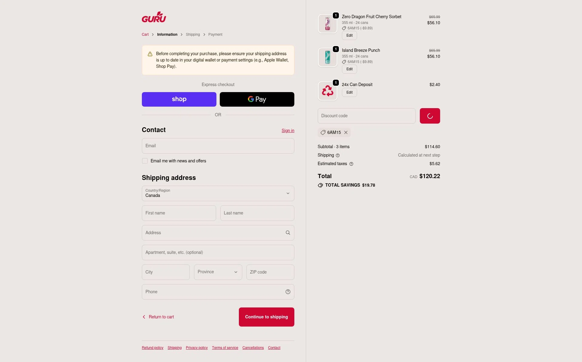 GURU Organic Energy checkout page showing GURU Organic Energy promo code box | Screenshot taken by SimplyCodes community member on Jan 23, 2026