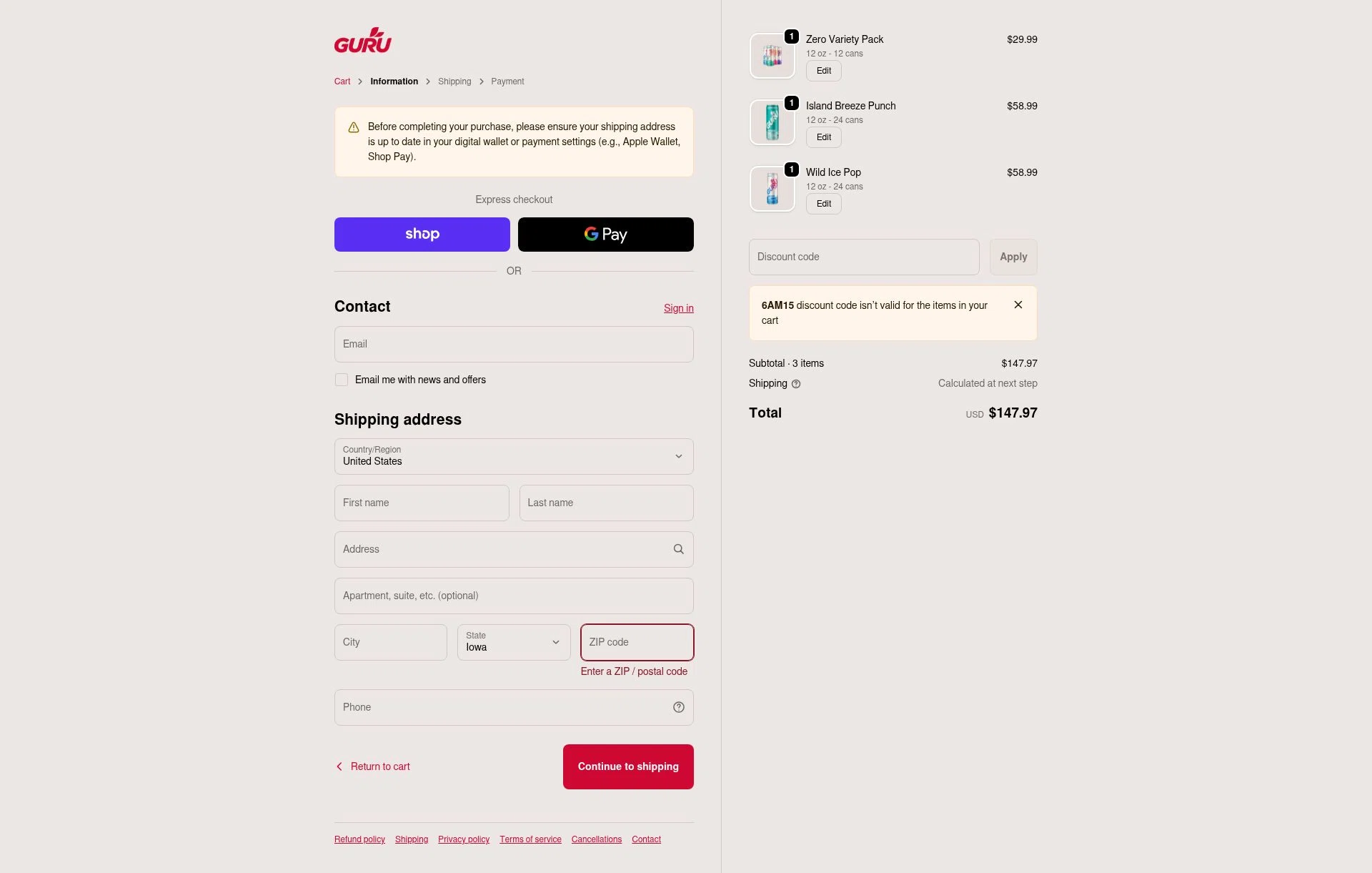 GURU Organic Energy checkout page showing GURU Organic Energy promo code box | Screenshot taken by SimplyCodes community member on Dec 29, 2025