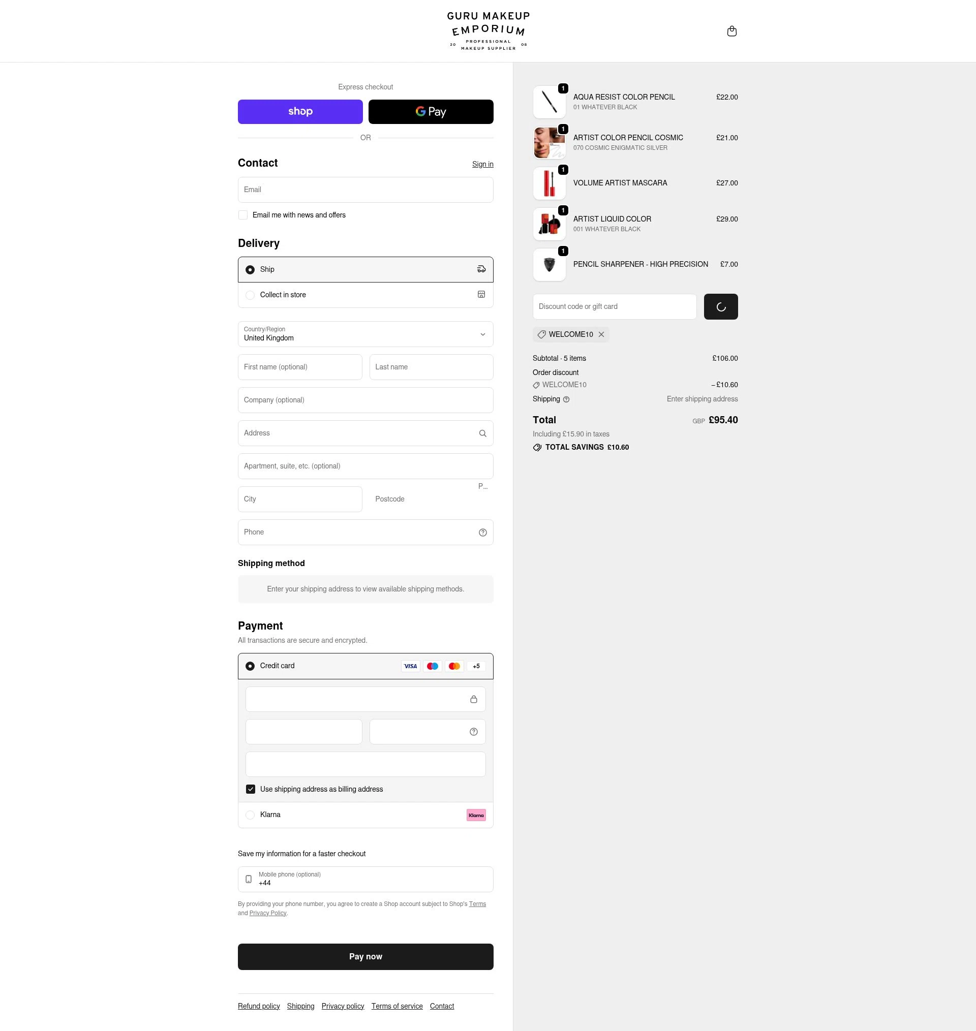 Guru Makeup Emporium checkout page showing Guru Makeup Emporium discount code box | Screenshot taken by SimplyCodes community member on Feb 8, 2026