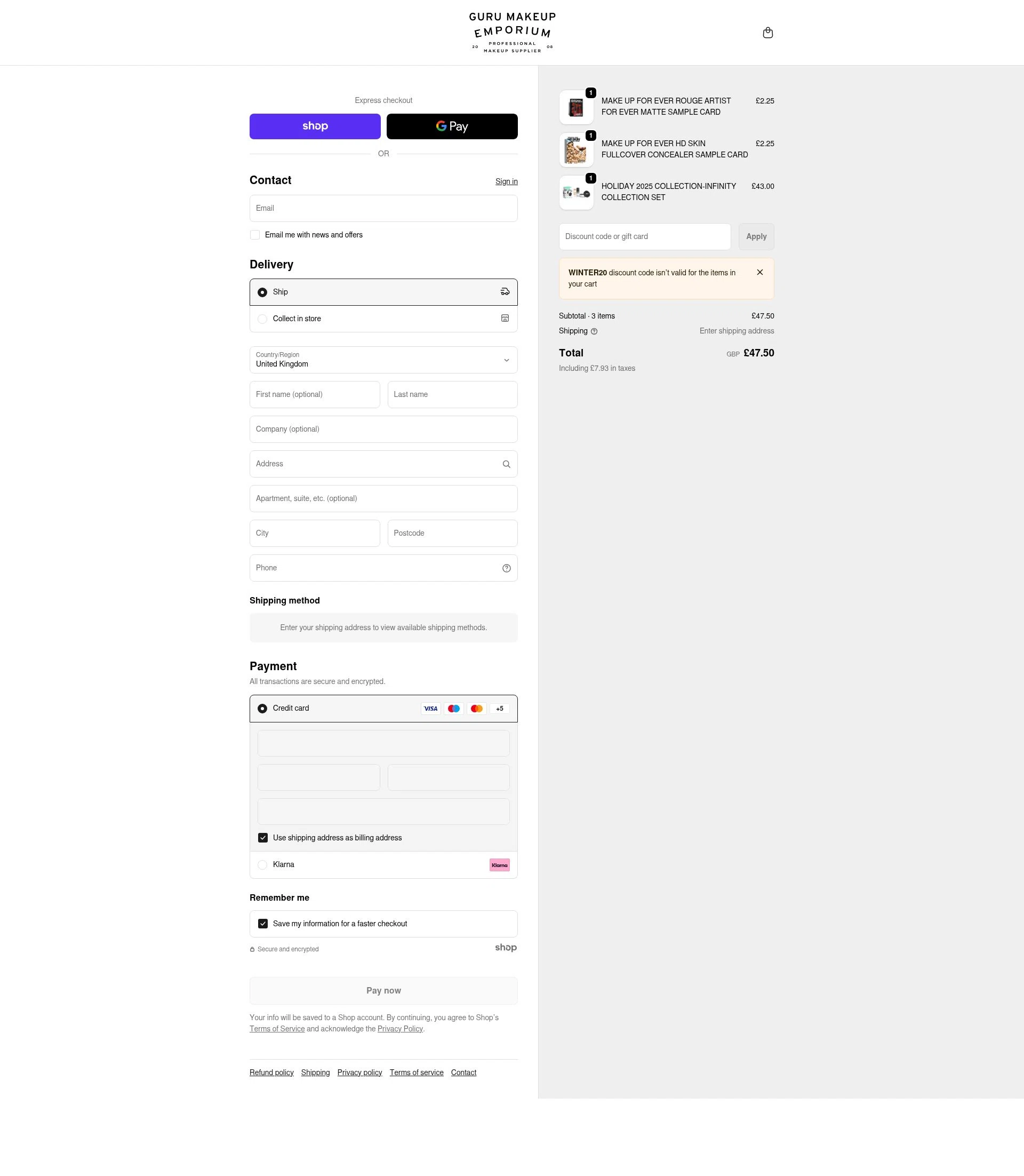 Guru Makeup Emporium checkout page showing Guru Makeup Emporium discount code box | Screenshot taken by SimplyCodes community member on Jan 26, 2026