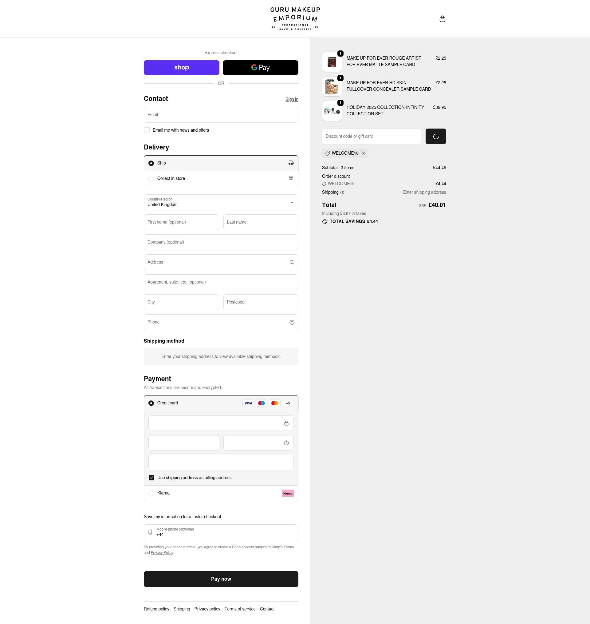 Guru Makeup Emporium checkout page showing Guru Makeup Emporium discount code box | Screenshot taken by SimplyCodes community member on Jan 31, 2026