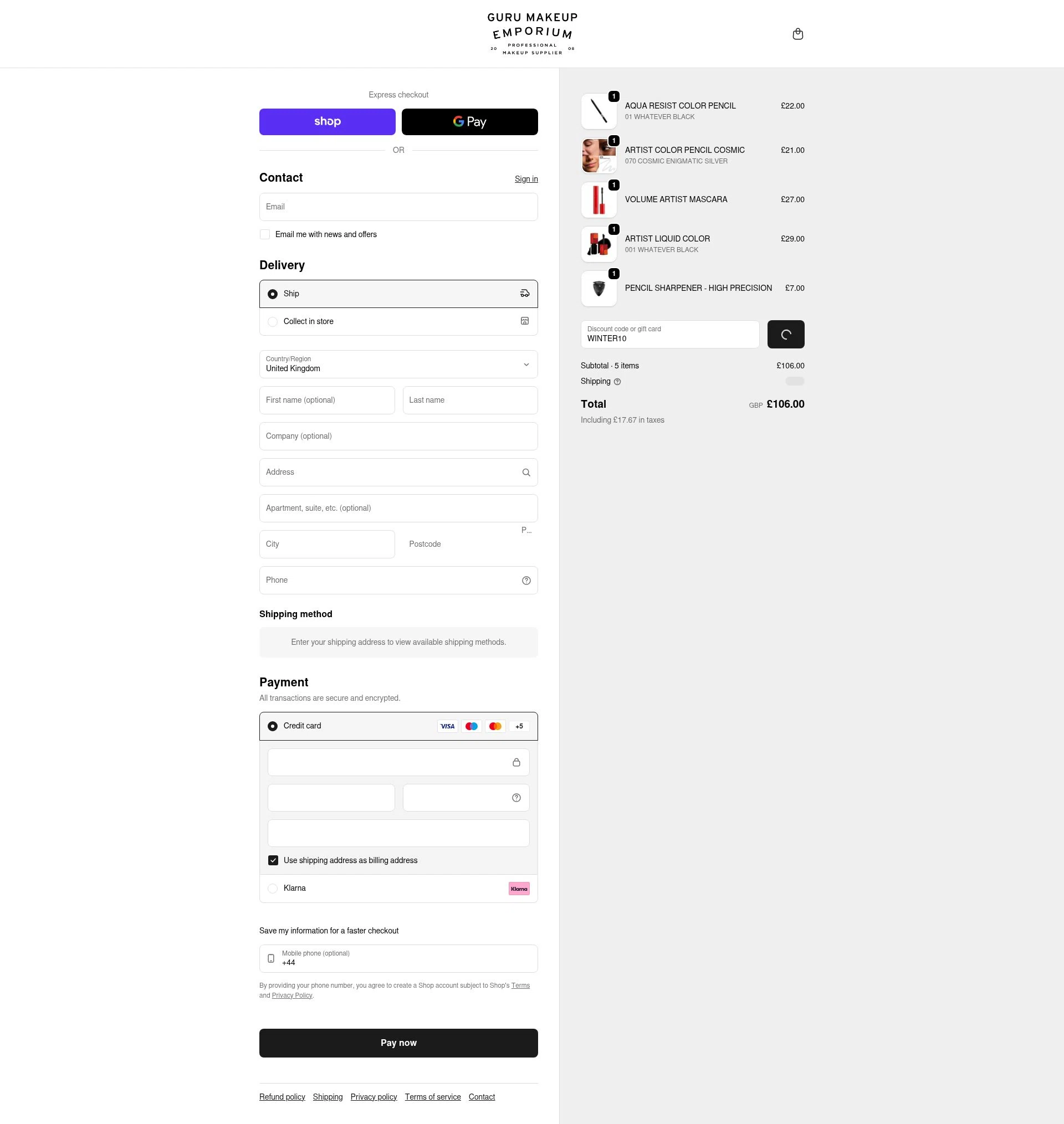 Guru Makeup Emporium checkout page showing Guru Makeup Emporium discount code box | Screenshot taken by SimplyCodes community member on Feb 8, 2026