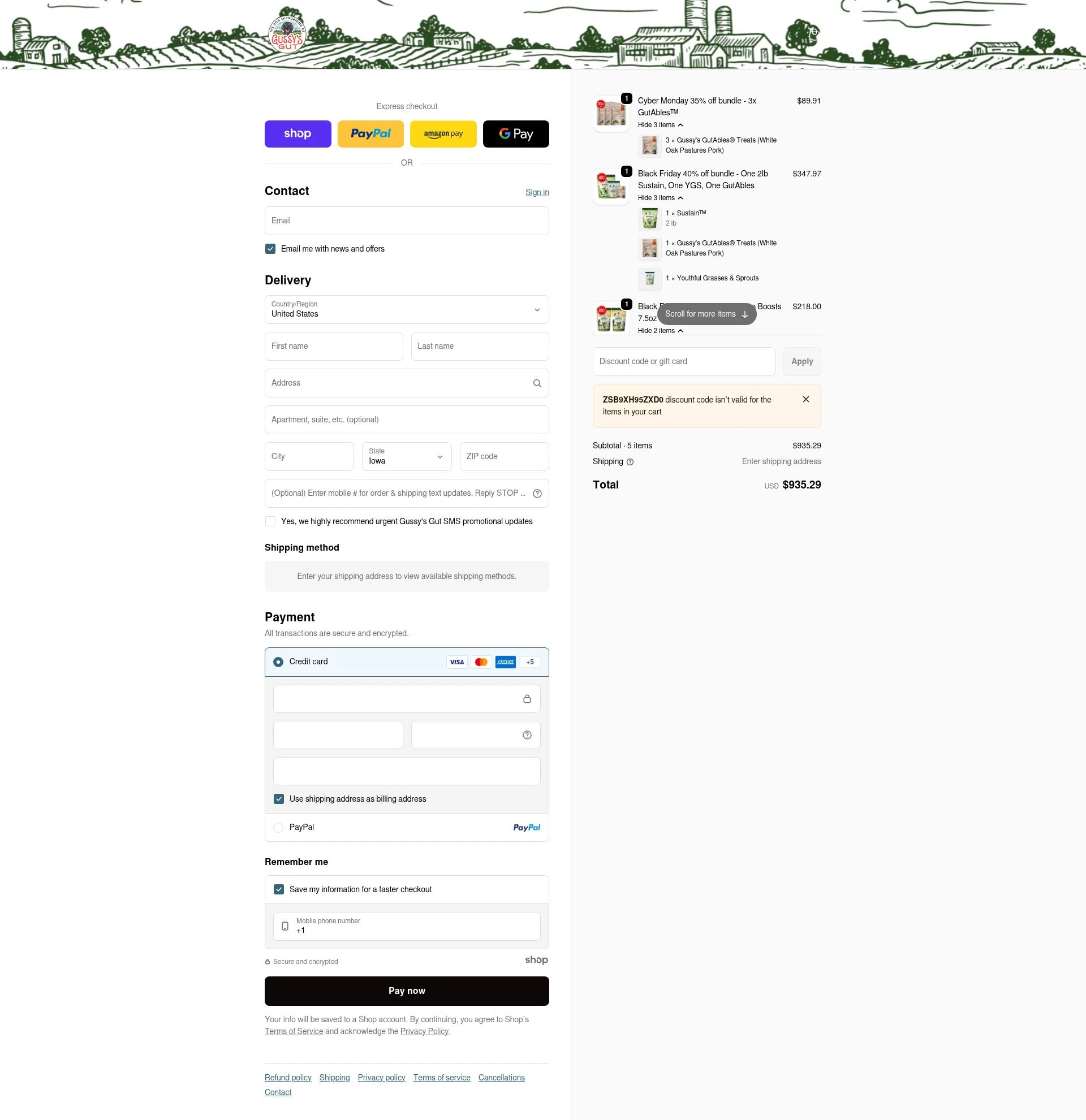 Gussys Gut checkout page showing Gussys Gut promo code box | Screenshot taken by SimplyCodes community member on Jan 8, 2026