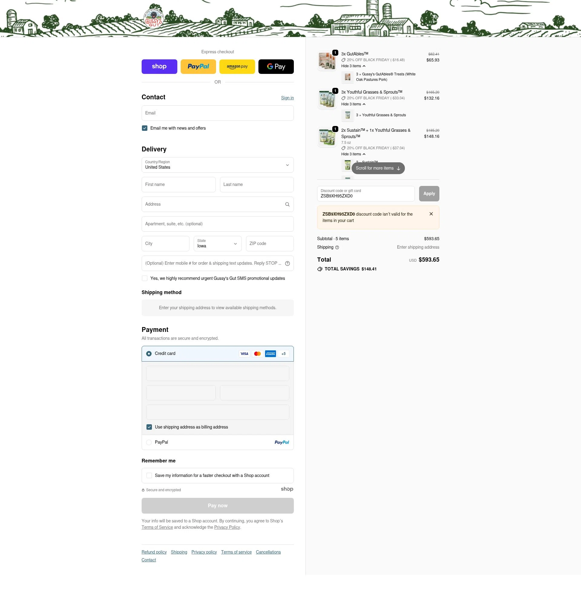 Gussys Gut checkout page showing Gussys Gut promo code box | Screenshot taken by SimplyCodes community member on Dec 2, 2025