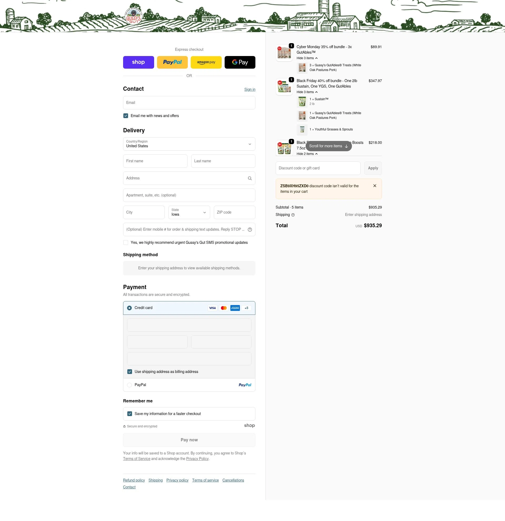 Gussys Gut checkout page showing Gussys Gut promo code box | Screenshot taken by SimplyCodes community member on Dec 30, 2025