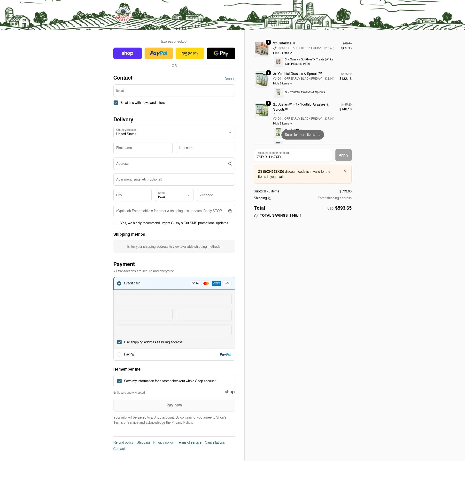 Gussys Gut checkout page showing Gussys Gut promo code box | Screenshot taken by SimplyCodes community member on Nov 22, 2025