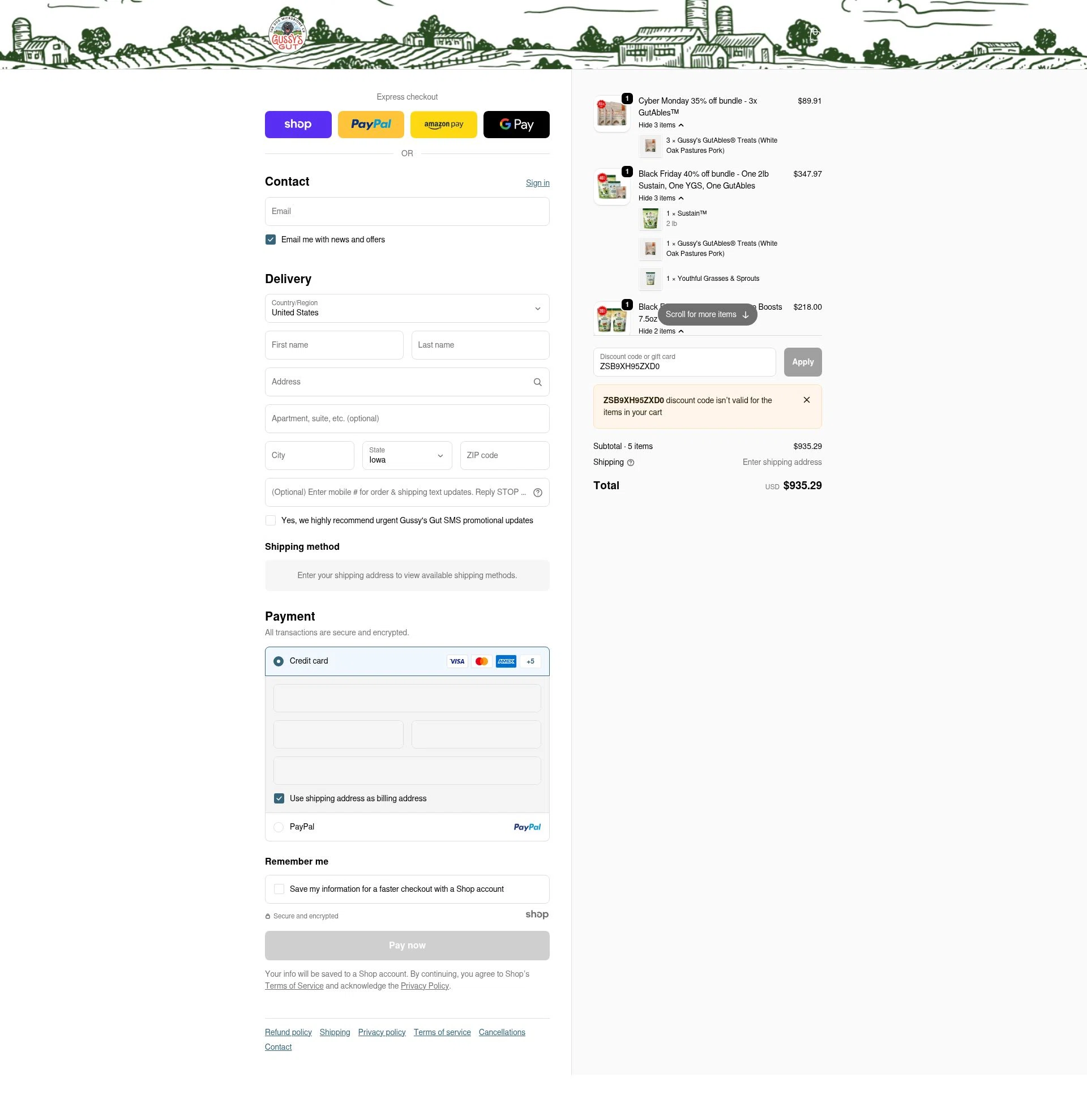 Gussys Gut checkout page showing Gussys Gut promo code box | Screenshot taken by SimplyCodes community member on Dec 7, 2025