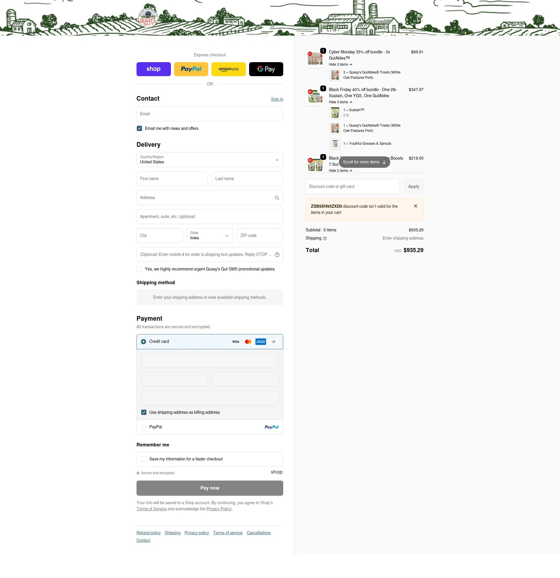 Gussys Gut checkout page showing Gussys Gut promo code box | Screenshot taken by SimplyCodes community member on Dec 25, 2025