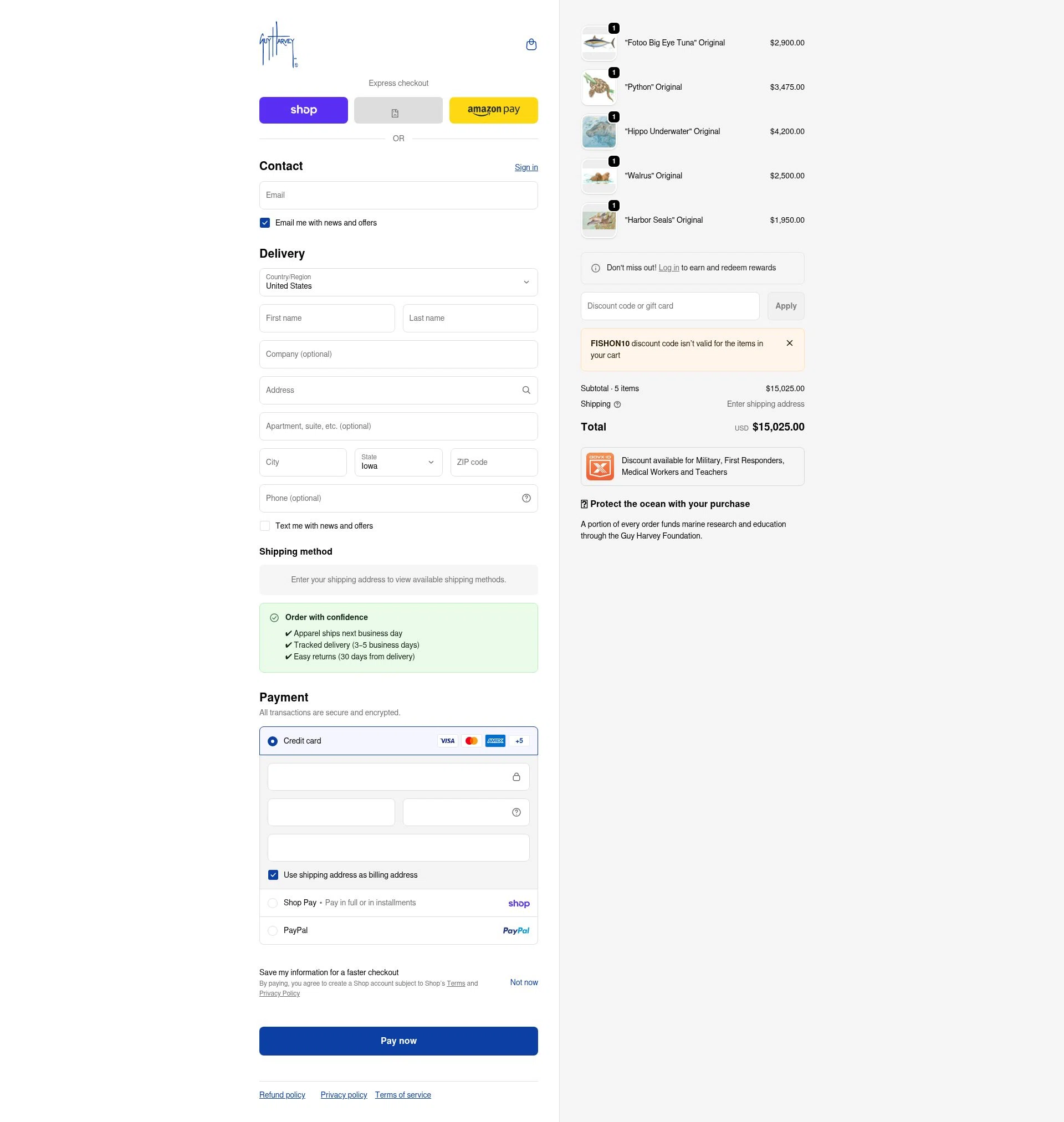 Guy Harvey checkout page showing Guy Harvey promo code box | Screenshot taken by SimplyCodes community member on Feb 16, 2026