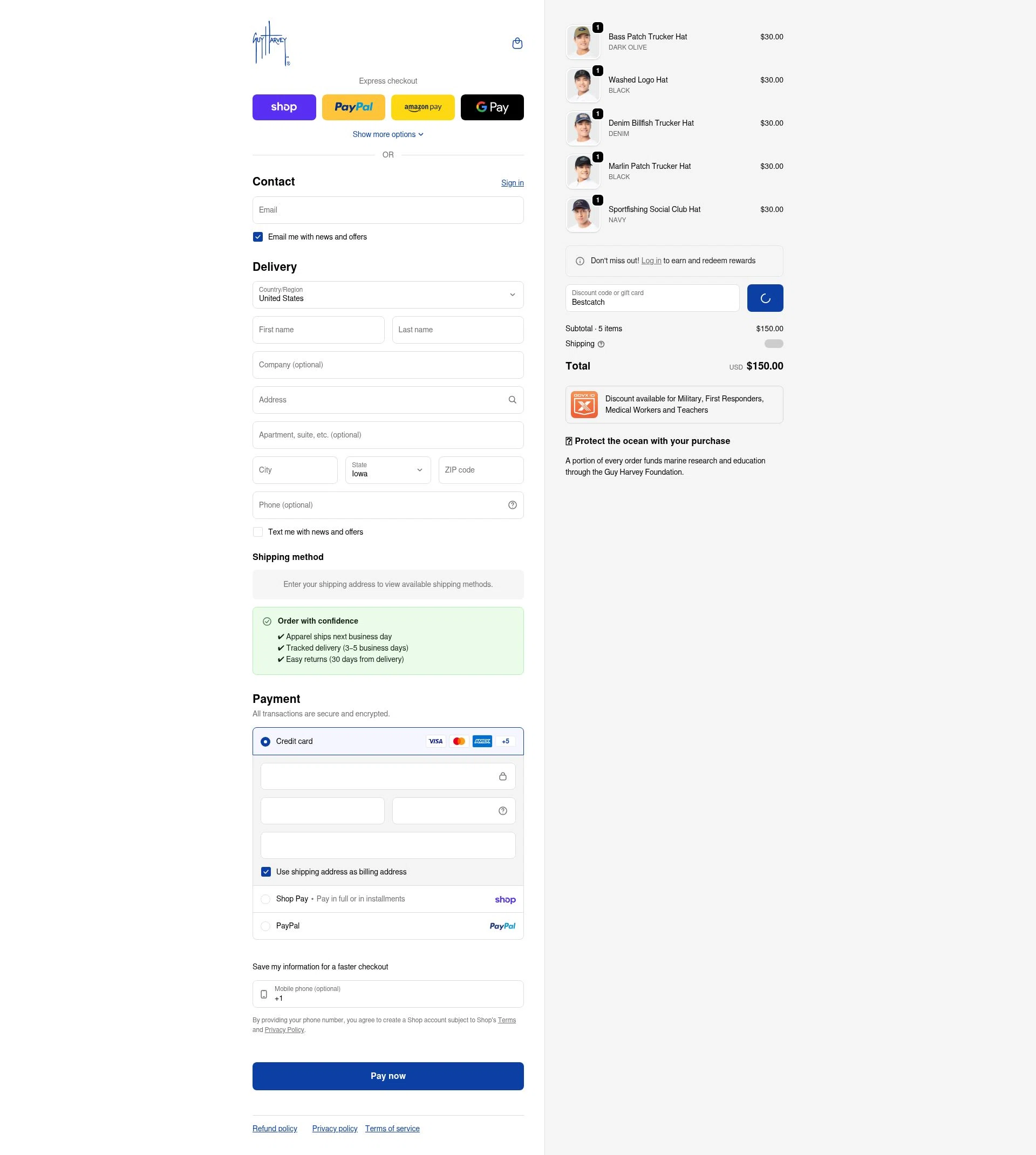 Guy Harvey checkout page showing Guy Harvey promo code box | Screenshot taken by SimplyCodes community member on Feb 20, 2026