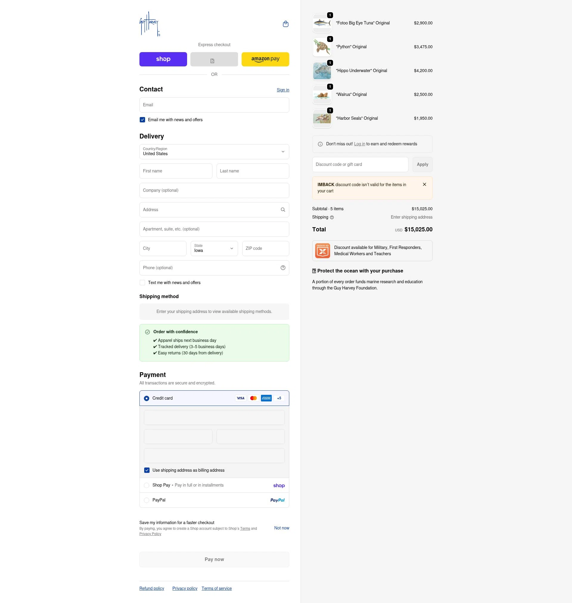Guy Harvey checkout page showing Guy Harvey promo code box | Screenshot taken by SimplyCodes community member on Feb 16, 2026