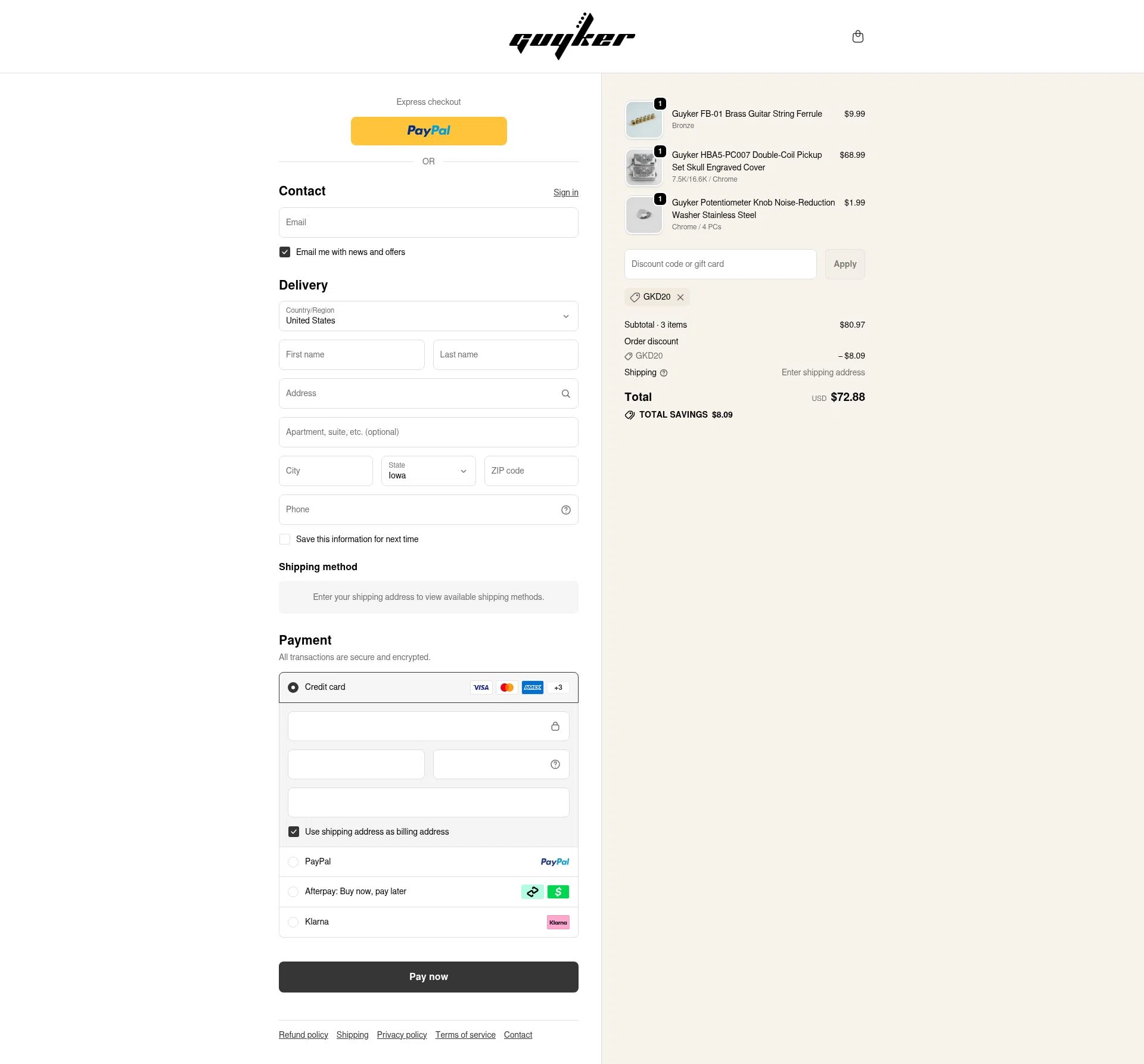 Guyker checkout page showing Guyker discount code box | Screenshot taken by SimplyCodes community member on Feb 5, 2026