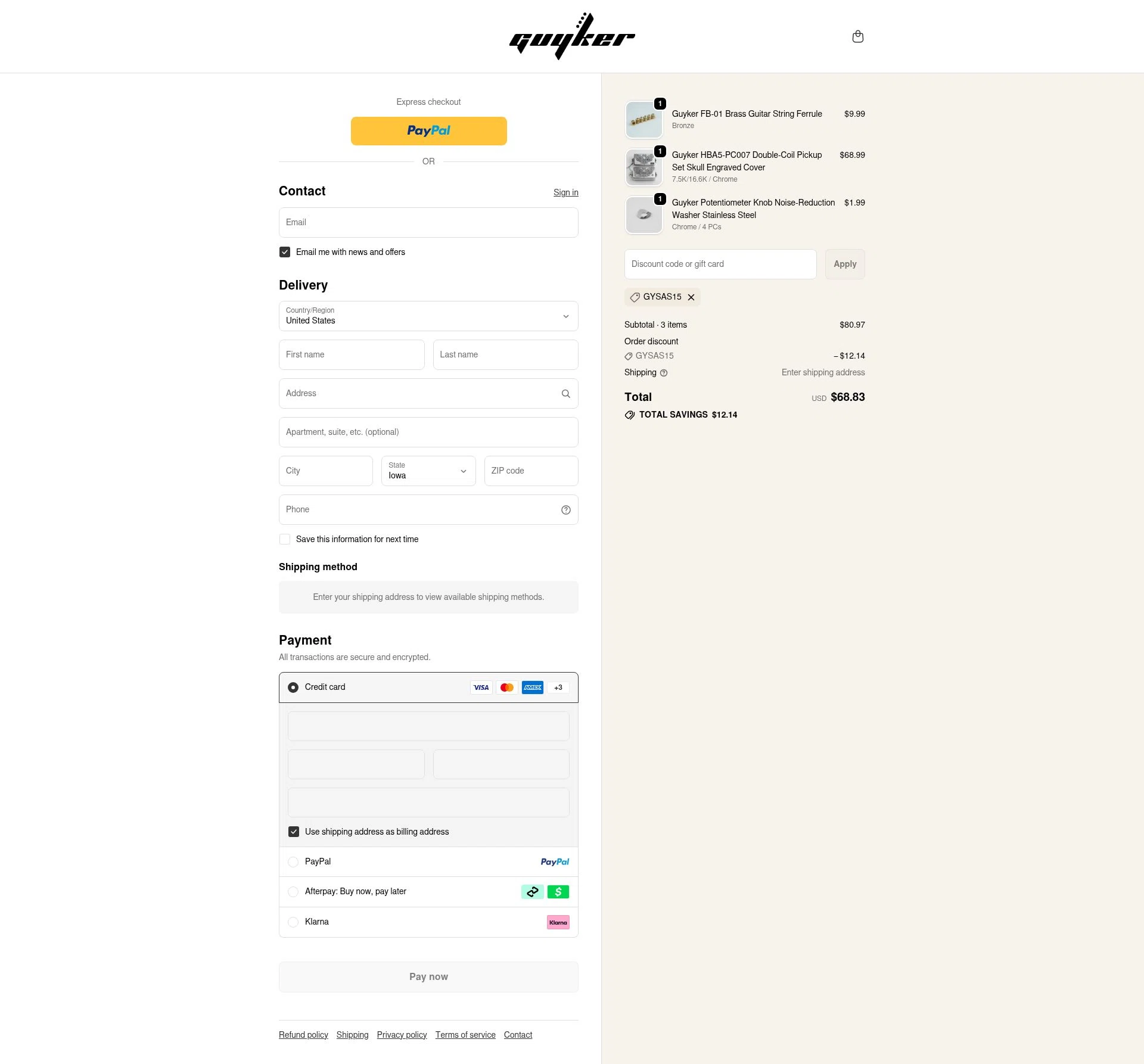 Guyker checkout page showing Guyker discount code box | Screenshot taken by SimplyCodes community member on Feb 5, 2026
